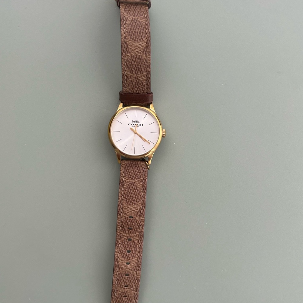 Coach Gold Tone Watch with White Dial and Brown Signature Strap